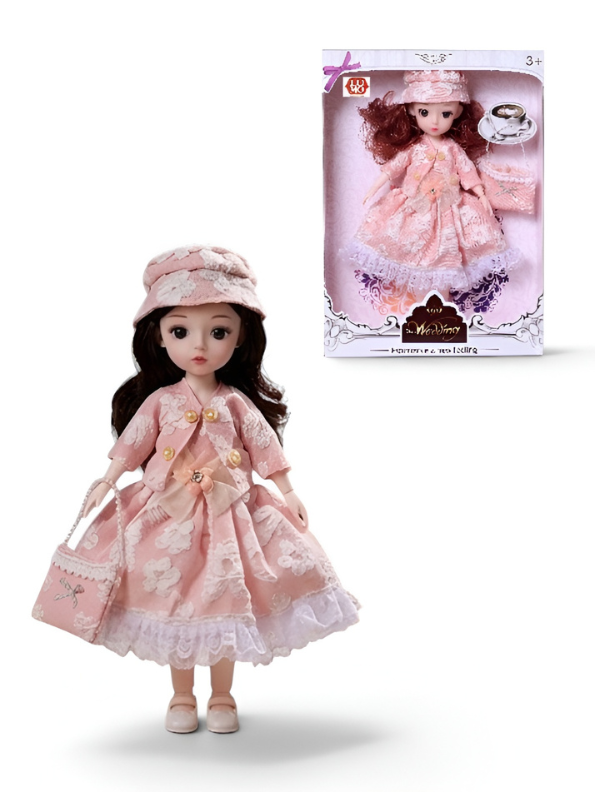 Beautiful Pink Fairy Princess Fashion Doll Set with Articulated Joints, Luxury Embroidered Dress, Floral Tiara, and Handbag – Elegant Toy Gift for Girls LMI10447