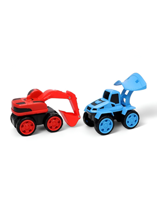 2-Piece Kids Construction Vehicle Toy Set – Friction Powered Excavator and Digger Truck with Moveable Parts – Durable Plastic Sand Play Toys for Toddlers and Boys – Red & Blue TV3606