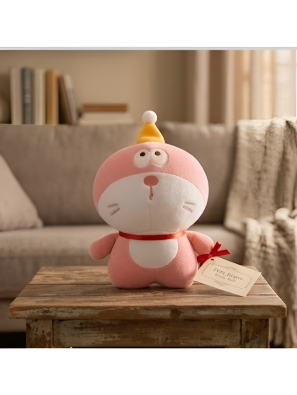 Cute Pink Doraemon Plush Toy 7-Inch Soft Anime Cartoon Stuffed Animal Doll with Party Hat | Adorable Cat Plushie Gift for Kids ST11446