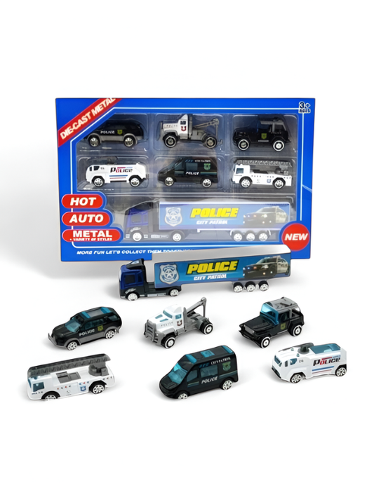 Die-Cast Metal Police Vehicle Toy Set - 7-Piece City Patrol Emergency Play Set with Transport Truck, Squad Cars, SUV, and Tow Truck - Durable Alloy Toy Cars for Kids Ages 5+ TV5695