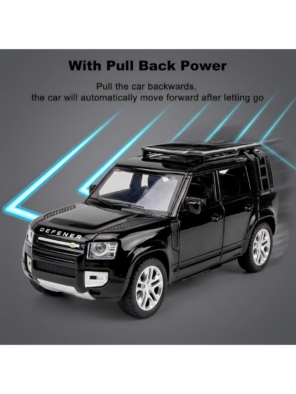 Land Rover Defender Diecast Model Car - Black 1:32 Scale Replica in Metallic with Roof Rack LMI16728