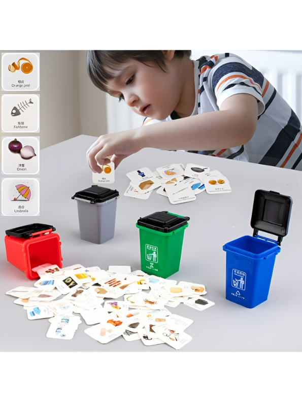 Educational Garbage Sorting Game Toy for Kids - 4 Mini Trash Bins & 100+ Recycling Flashcards | Early Childhood Waste Management & Environmental Awareness Learning Set TV3331
