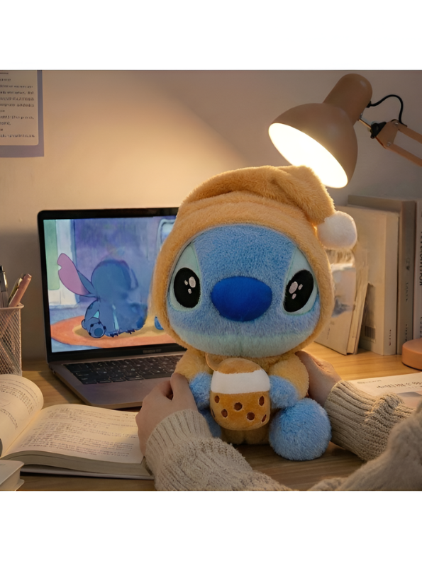 Blue Alien Plush in Gingerbread Onesie holding Boba Milk Tea – 8-Inch Soft Stuffed Animal Toy – Cute Kawaii Room Decor & Gift for Kids and Fans ST16393