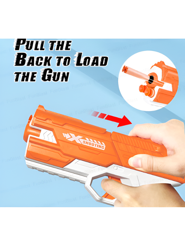 Soft Bullet Toy Gun Orange - Kids Foam Dart Blaster Pistol with 4 Suction Cup Darts & Ammo Storage, Pull-Back Action High-Speed Shooting Blaster Gun Toy for Kids LMI14922