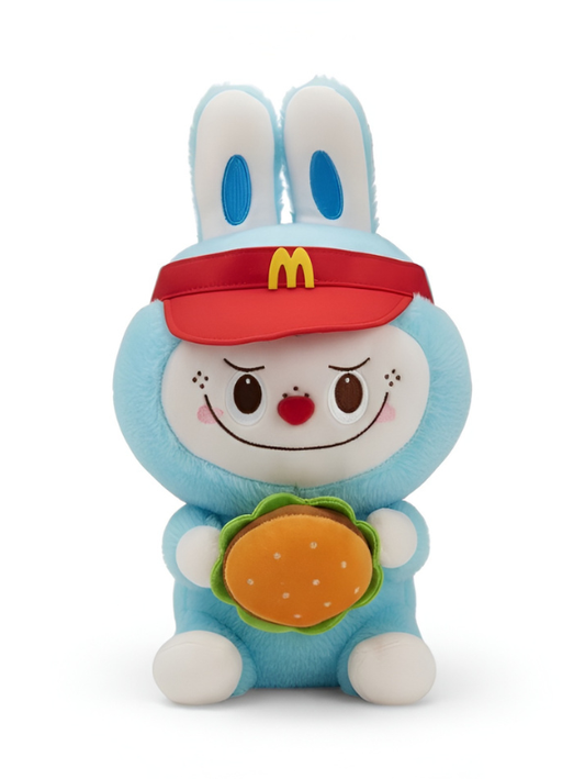 Aesthetic   Rabbit Stuffed Animal wearing McDonald’s Fast Food Uniform Visor – High-Quality Plush Toy for K-Pop Fans and Character Collectors ST15969