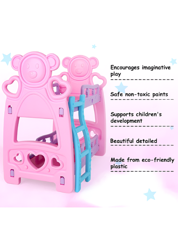 Miniature Baby Doll Bunk Bed Playset – Pink & Blue Toy Bed with 2 Small Dolls and Accessories for Kids TV2155