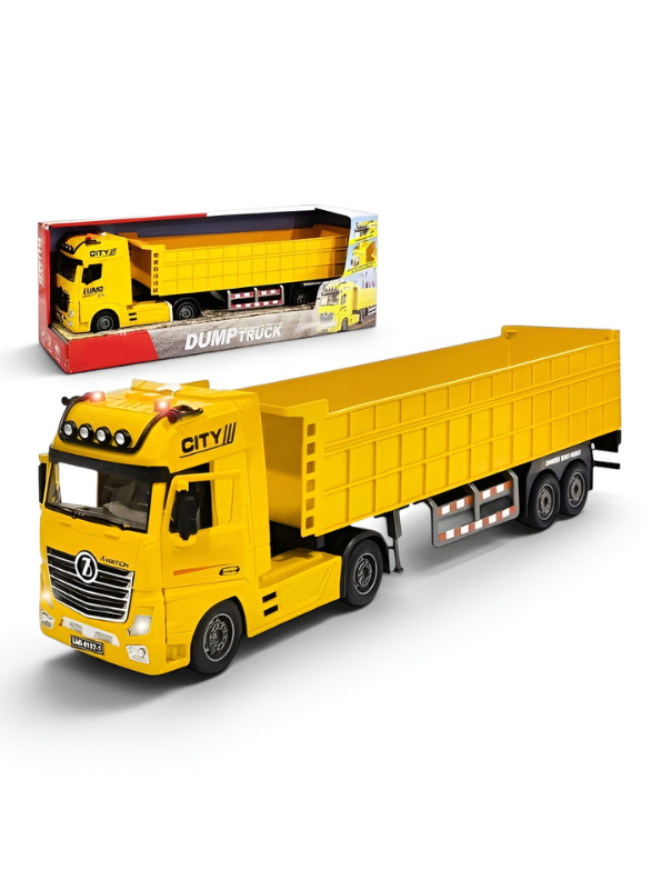 Large Yellow Toy Dump Truck with Friction Powered Wheels, Realistic Lights and Sound – Heavy Duty Detachable Semi-Trailer Construction Vehicle Toy for Kids and Toddlers NX15017