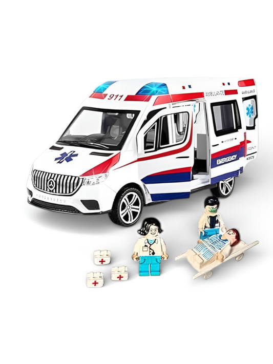 Kids Toy Ambulance Set: Emergency Rescue Vehicle with 3 Play Figures & Stretcher - Realistic 911 Medical Van Play Set  LMI12496