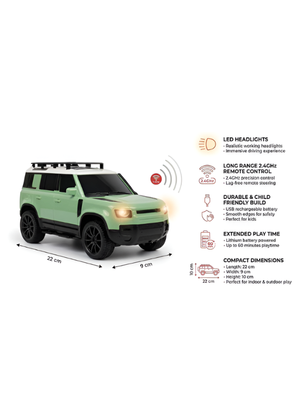 Remote Control Off-Road SUV Toy Car – 1:16 Scale Rechargeable RC Defender Model for Kids, Mint Green TV1973