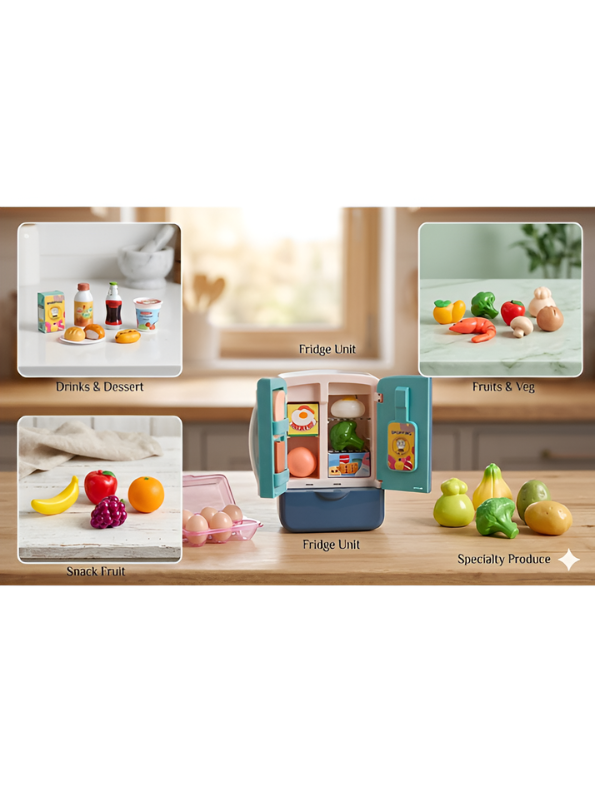 Pretend Play Kitchen Refrigerator Toy Set with Mini Food Accessories – Kids Toy Fridge with Play Food, Fruits, Vegetables, Drinks & Desserts, Educational Cooking Toy Gift for Toddlers Boys & Girls NX16803