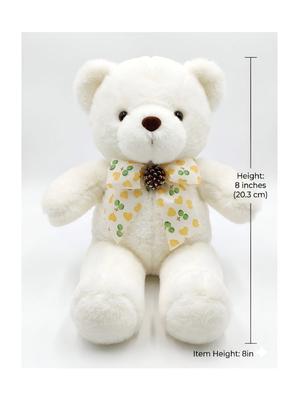 Teddy Bear Stuffed Animal - Soft White 8 Inch Cute Plush Toy with Heart-Patterned Ribbon & Pinecone Detailing, Perfect Winter & Holiday Gift ST16464