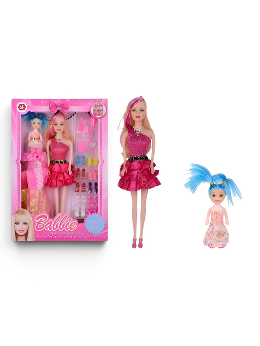 Pretend Play Princess Doll Set with Toddler Companion – Fashion Style Doll Kit with Wardrobe Accessories, 7 Pairs of Shoes, and Dress-Up Outfits for Toddlers and Girls LMI7686