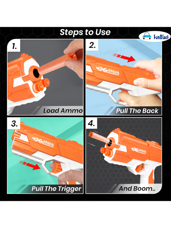 Soft Bullet Toy Gun Orange - Kids Foam Dart Blaster Pistol with 4 Suction Cup Darts & Ammo Storage, Pull-Back Action High-Speed Shooting Blaster Gun Toy for Kids LMI14922