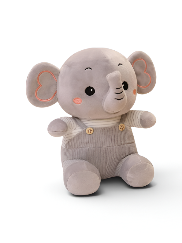Grey Elephant Plush Toy 8-Inch Soft Stuffed Animal with Corduroy Overalls & Striped Shirt – Cute Nursery Decor & Huggable Companion for Toddlers and Kids ST11457