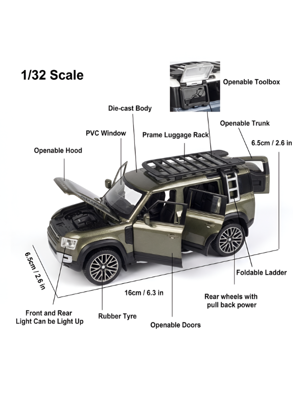 Land Rover Defender Diecast Model Car - Brown 1:32 Scale Replica in Metallic with Roof Rack LMI16728