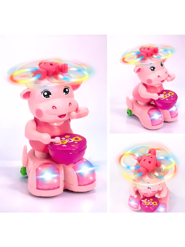 Musical Pink Cow Drummer Toy for Toddlers - Electronic Dancing Toy with 360° Spinning Flash Lights, Omnidirectional Bump & Go Driving, Walking & Drumming Action, Early Educational Gift for Kids 3+ LMI13950