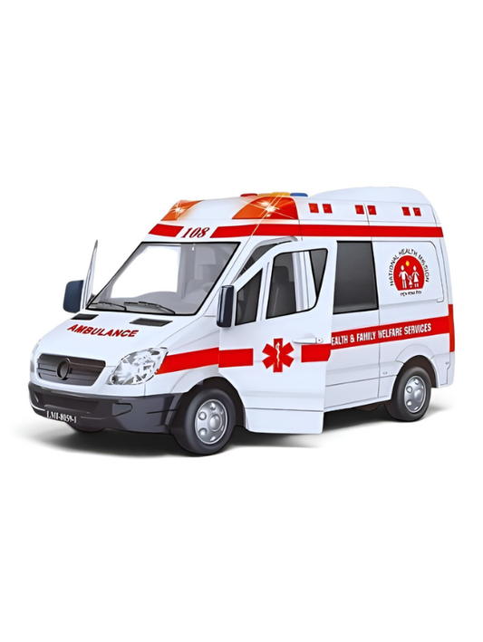 Friction Powered 108 -Emergency Ambulance Toy with Siren Sound & Flashing Lights, Openable Doors, Medical Rescue Service Vehicle Toy for Kids NX13403