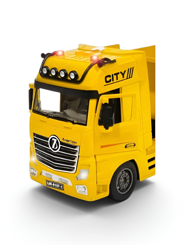 Large Yellow Toy Dump Truck with Friction Powered Wheels, Realistic Lights and Sound – Heavy Duty Detachable Semi-Trailer Construction Vehicle Toy for Kids and Toddlers NX15017