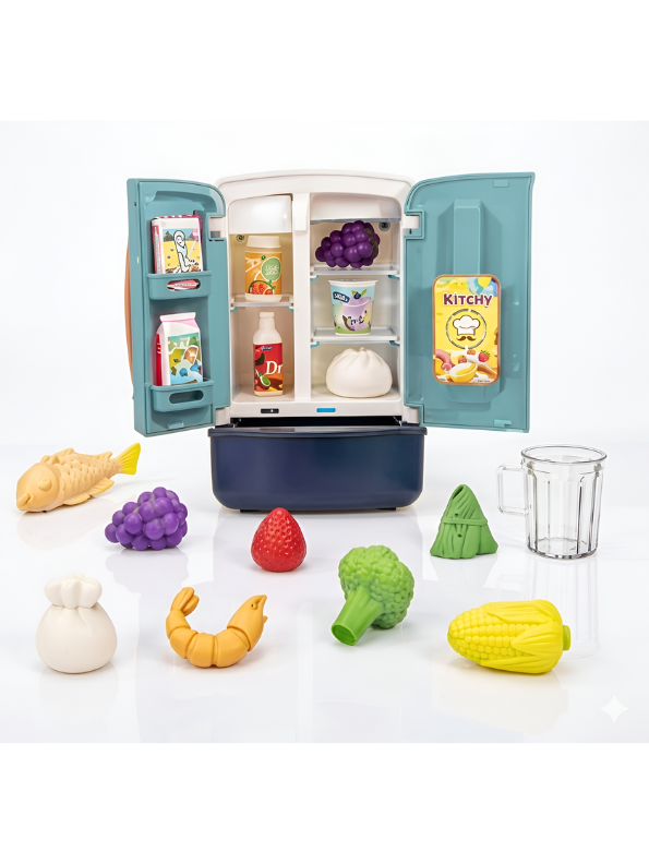 Pretend Play Kitchen Refrigerator Toy Set with Mini Food Accessories – Kids Toy Fridge with Play Food, Fruits, Vegetables, Drinks & Desserts, Educational Cooking Toy Gift for Toddlers Boys & Girls NX16803
