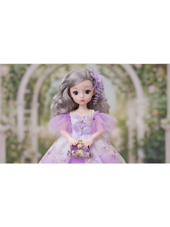 Beautiful Lavender Fairy Princess Fashion Doll Set with Articulated Joints, Luxury Embroidered Dress, Floral Tiara, and Handbag – Elegant Toy Gift for Girls LMI10447