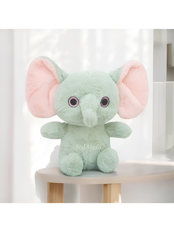 Adorable Elephant Plush Toy – 10 Inch Soft Muted Green Stuffed Elephant with Big Pink Ears, Fluffy Animal Cushioned Toy for Toddlers and Newborns ST14451