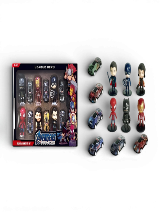 12-Piece Superhero Action Figure & Toy Car Set - Avengers-Inspired Mini Figures with Racing Cars, Collectible Gift Pack for Kids MD1544