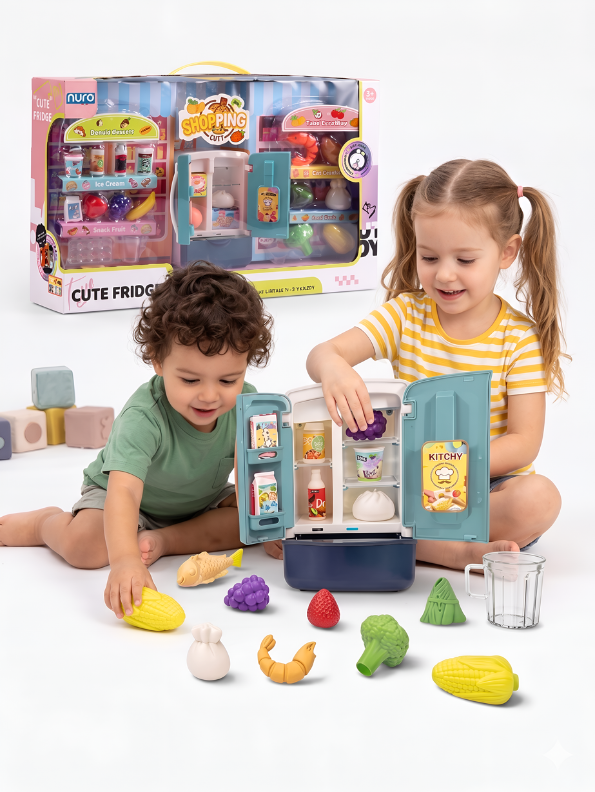 Pretend Play Kitchen Refrigerator Toy Set with Mini Food Accessories – Kids Toy Fridge with Play Food, Fruits, Vegetables, Drinks & Desserts, Educational Cooking Toy Gift for Toddlers Boys & Girls NX16803
