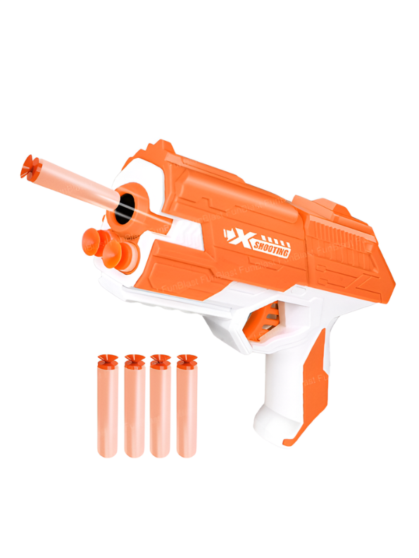 Soft Bullet Toy Gun Orange - Kids Foam Dart Blaster Pistol with 4 Suction Cup Darts & Ammo Storage, Pull-Back Action High-Speed Shooting Blaster Gun Toy for Kids LMI14922