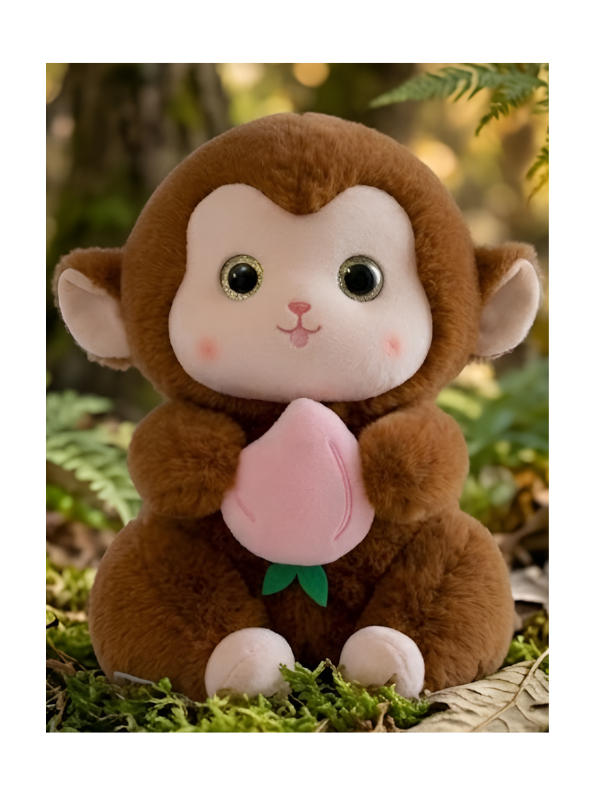 Brown Cute Monkey Plush Toy with Pink Peach, 10-Inch Soft Stuffed Animal Monkey Doll, Kawaii Nursery Decor and Birthday Gift for Kids, Girls and Boys ST14143