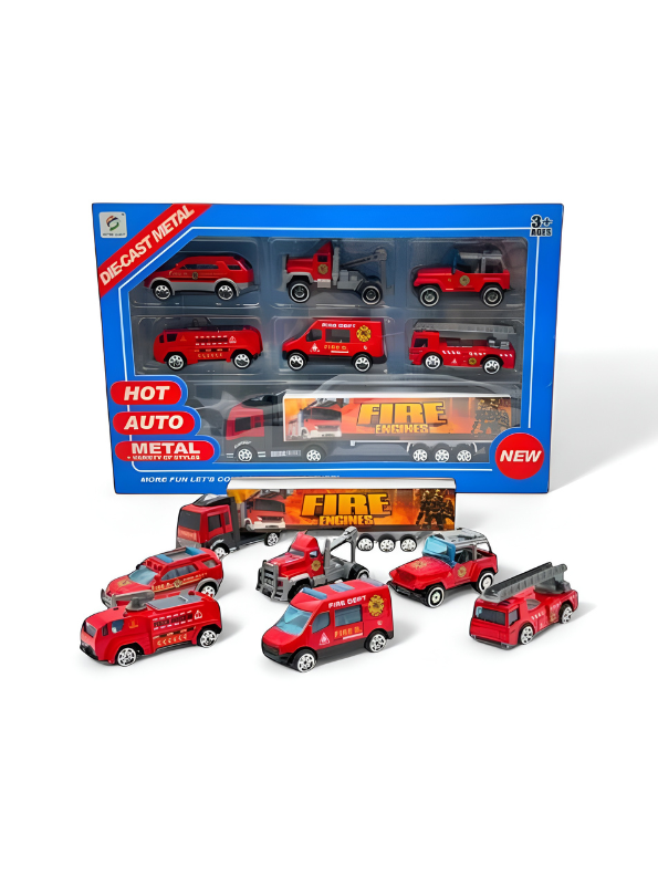Die-Cast Metal Fire Rescue Toy Vehicle Set - 7-Piece Emergency Engine Collection with Large Transport Carrier Truck - Red Fire Trucks, SUV, & Tow Truck Play Set for Kids Ages 3+ TV5695