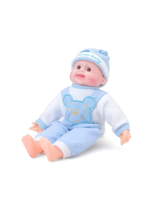 Soft Interactive Sitting Baby Doll, 30cm – Blue Bear Themed Fleece Outfit & Knit Cap – Realistic Facial Features – Durable Educational Toy for Ages 3+ TV416