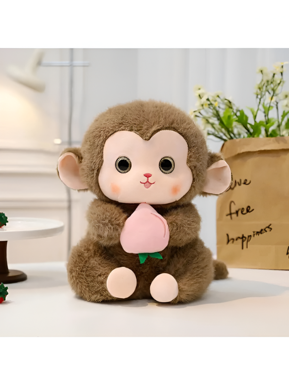 Grey Cute Monkey Plush Toy with Pink Peach, 10-Inch Soft Stuffed Animal Monkey Doll, Kawaii Nursery Decor and Birthday Gift for Kids, Girls and Boys ST14143
