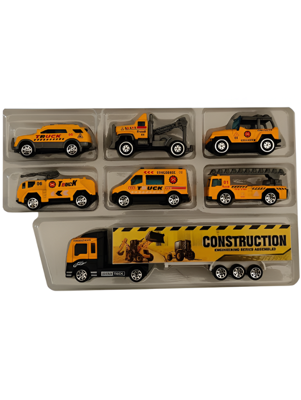 Die-Cast Metal Construction Vehicle Toy Set - 7-Piece Engineering Play Set with Semi-Truck, Excavator, Crane, and SUV - Durable Alloy Miniature Cars for Kids & Toddlers Ages 5+ TV5695