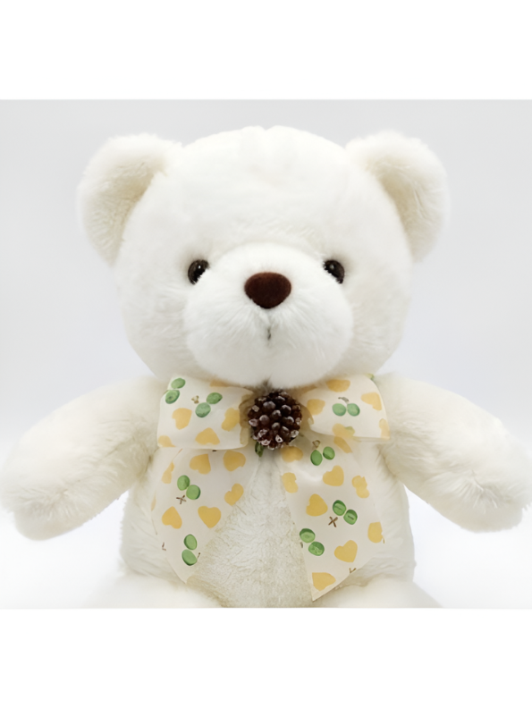 Teddy Bear Stuffed Animal - Soft White 8 Inch Cute Plush Toy with Heart-Patterned Ribbon & Pinecone Detailing, Perfect Winter & Holiday Gift ST16464