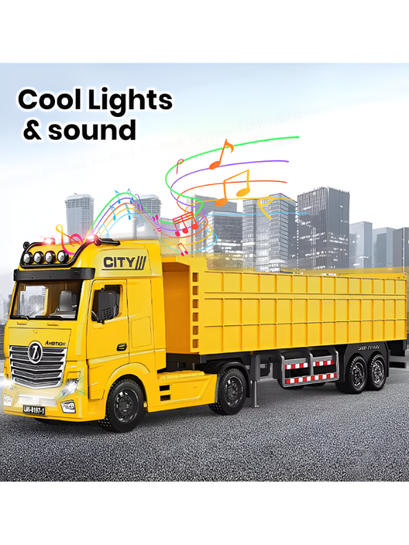 Large Yellow Toy Dump Truck with Friction Powered Wheels, Realistic Lights and Sound – Heavy Duty Detachable Semi-Trailer Construction Vehicle Toy for Kids and Toddlers NX15017