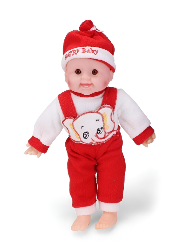 Soft Body Baby Doll in Red Elephant Overalls and "Happy Baby" Hat – Realistic Play Doll for Toddlers and Kids TV415