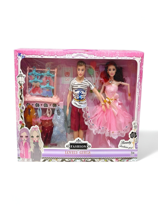 Fashion Doll Couple Playset with Wardrobe Accessories – Prince and Princess Dolls with Extra Outfits and Clothing Rack – Gift for Girls Ages 3+ TV3819