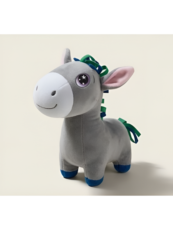 Premium 7-Inch Grey Donkey Plush Toy Cute Stuffed Animal with Embroidered Eyes & Festive Ribbon Mane Ultra-Soft Velvet Toy for Kids & Nursery Decor ST16517