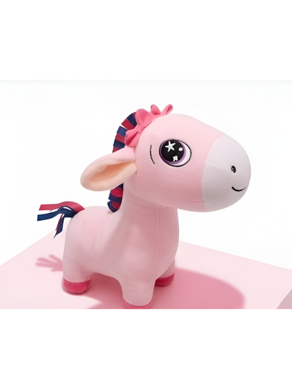 Premium 7-Inch Pink Donkey Plush Toy Cute Stuffed Animal with Embroidered Eyes & Festive Ribbon Mane Ultra-Soft Velvet Toy for Kids & Nursery Decor ST16517