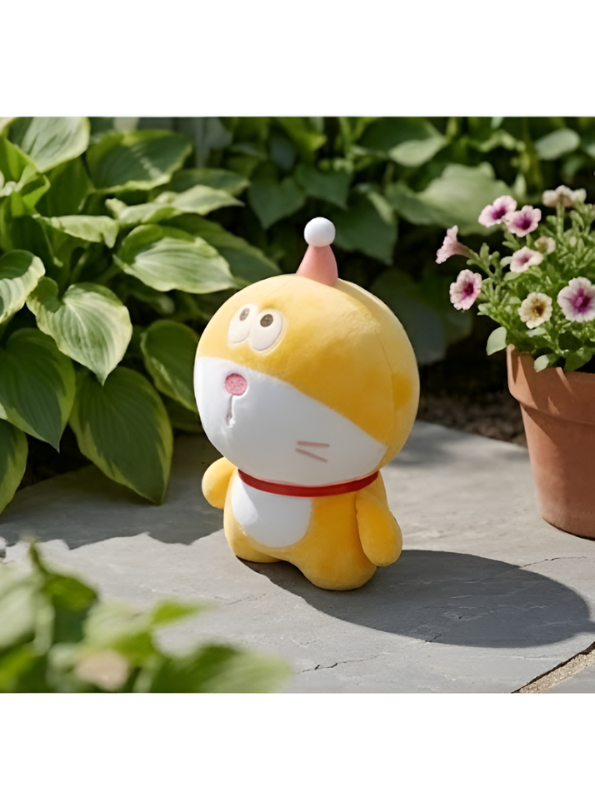 Cute Yellow Doraemon Plush Toy 7-Inch Soft Anime Cartoon Stuffed Animal Doll with Party Hat | Adorable Cat Plushie Gift for Kids ST11446