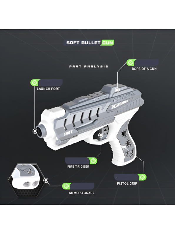 Soft Bullet Toy Gun Grey - Kids Foam Dart Blaster Pistol with 4 Suction Cup Darts & Ammo Storage, Pull-Back Action High-Speed Shooting Blaster Gun Toy for Kids LMI14922