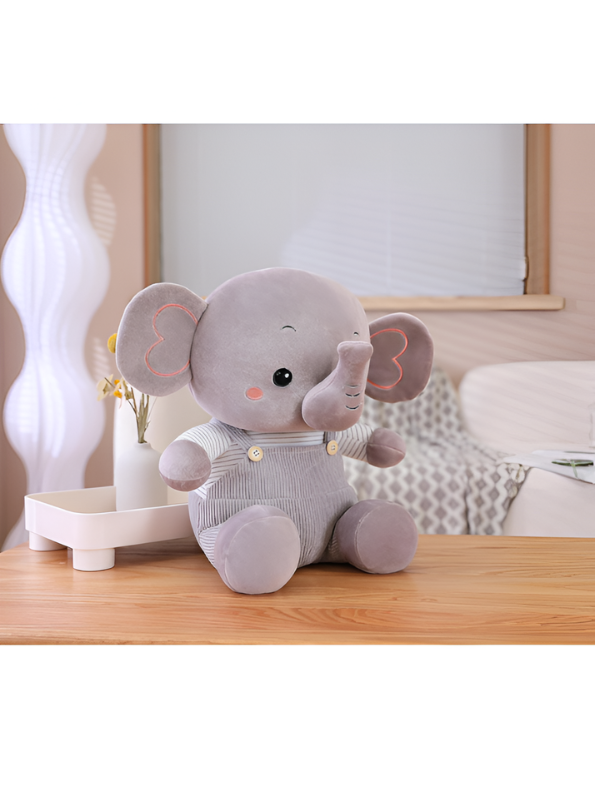 Grey Elephant Plush Toy 8-Inch Soft Stuffed Animal with Corduroy Overalls & Striped Shirt – Cute Nursery Decor & Huggable Companion for Toddlers and Kids ST11457