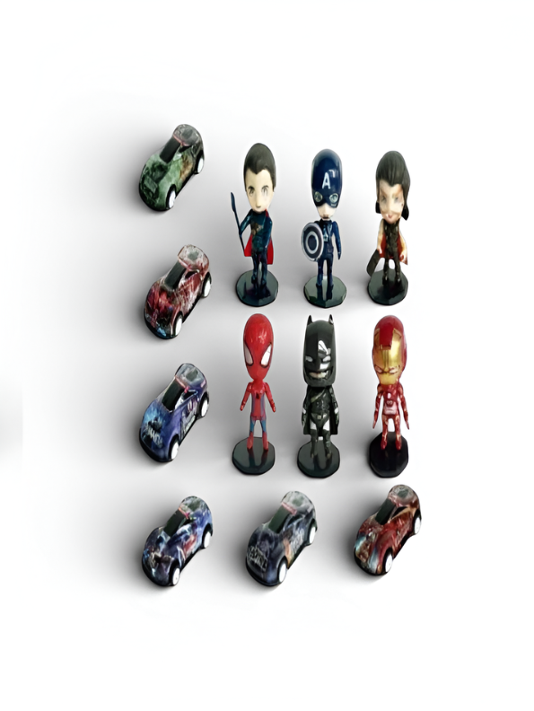12-Piece Superhero Action Figure & Toy Car Set - Avengers-Inspired Mini Figures with Racing Cars, Collectible Gift Pack for Kids MD1544