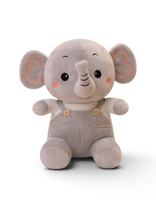 Grey Elephant Plush Toy 8-Inch Soft Stuffed Animal with Corduroy Overalls & Striped Shirt – Cute Nursery Decor & Huggable Companion for Toddlers and Kids ST11457