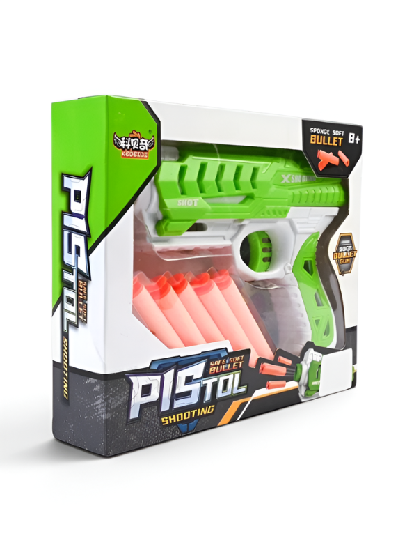 Soft Bullet Toy Gun Green - Kids Foam Dart Blaster Pistol with 4 Suction Cup Darts & Ammo Storage, Pull-Back Action High-Speed Shooting Blaster Gun Toy for Kids LMI14922