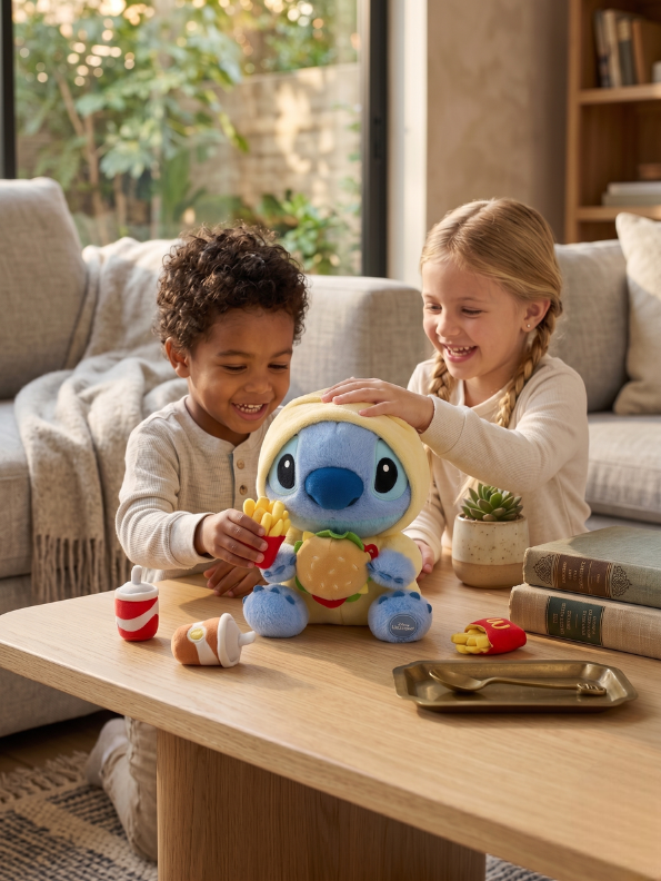 Disney Stitch Plush in Yellow Hoodie with Cheeseburger – 8-Inch Cuddly Alien Soft Toy – Kawaii Lilo & Stitch Collectible Stuffed Animal ST16393