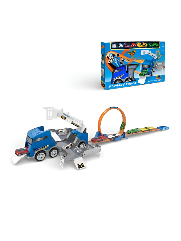 2-in-1 Mega Storage Truck & Racing Track Set – Toy Car Transporter with 4 Die-Cast Cars, Transforming Playset MD3578.