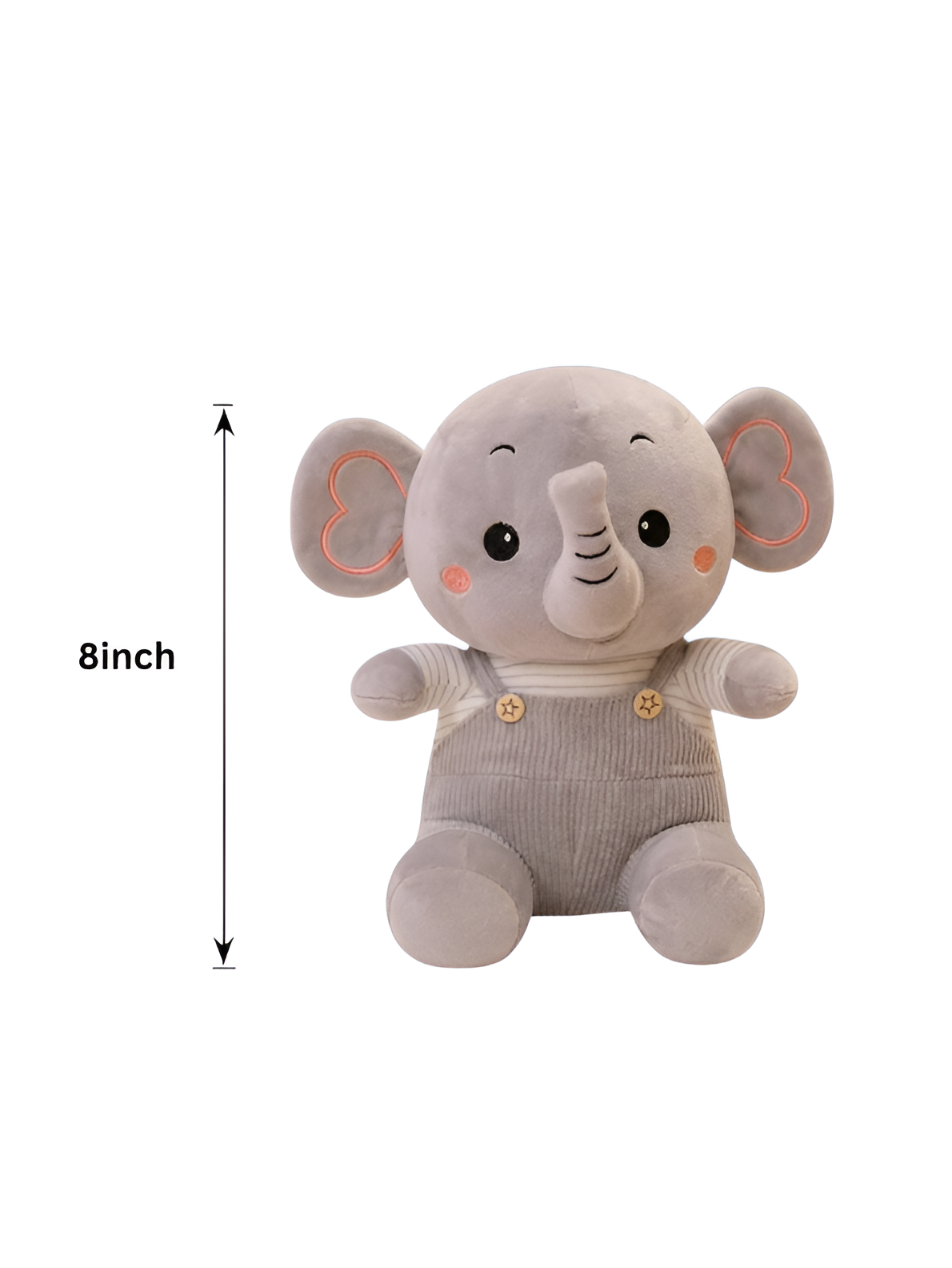 Grey Elephant Plush Toy 8-Inch Soft Stuffed Animal with Corduroy Overalls & Striped Shirt – Cute Nursery Decor & Huggable Companion for Toddlers and Kids ST11457