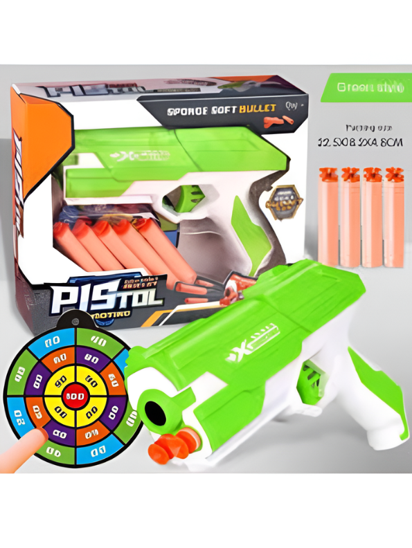 Soft Bullet Toy Gun Green - Kids Foam Dart Blaster Pistol with 4 Suction Cup Darts & Ammo Storage, Pull-Back Action High-Speed Shooting Blaster Gun Toy for Kids LMI14922