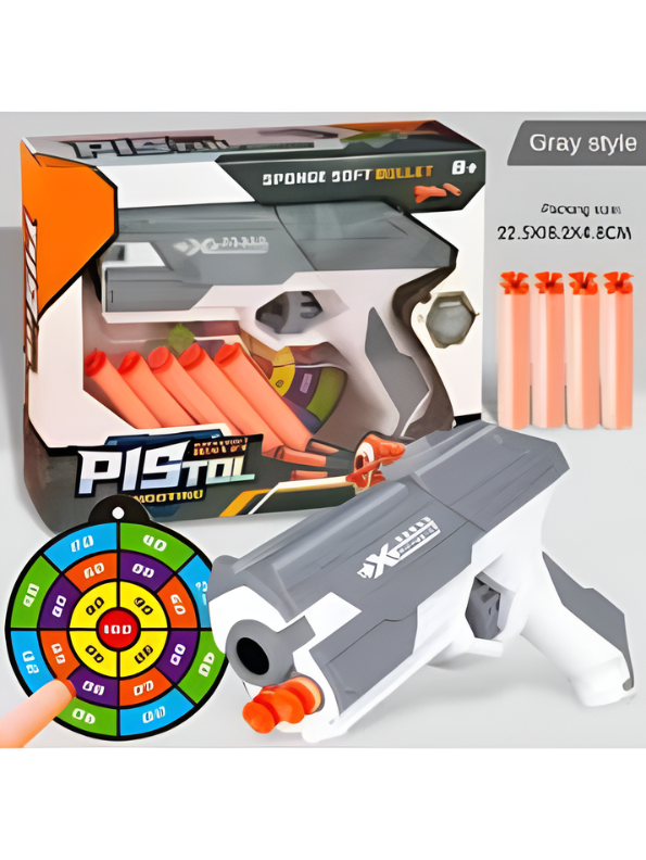 Soft Bullet Toy Gun Grey - Kids Foam Dart Blaster Pistol with 4 Suction Cup Darts & Ammo Storage, Pull-Back Action High-Speed Shooting Blaster Gun Toy for Kids LMI14922